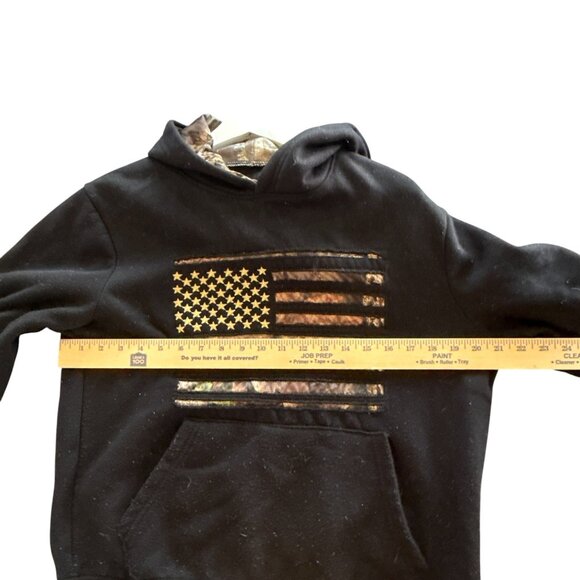 Mossy Oak Hoodie Medium Black Camo Hood American Flag Pullover Sweatshirt Sz M - Picture 10 of 10